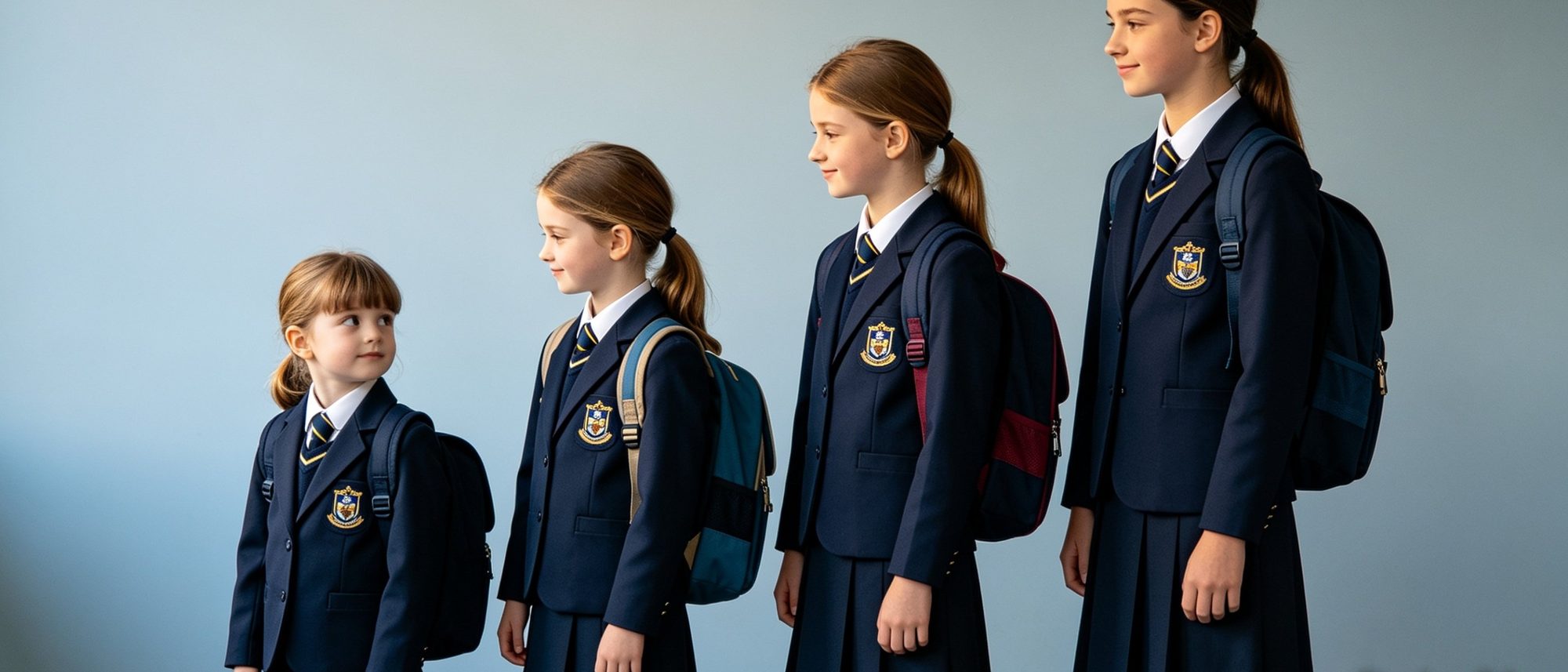 The same girl shown at four ages, around five, nine, thirteen and sixteen, standing in a row that grows taller from left to right, all in the same navy school uniform and crest with backpacks, against a soft pale-blue background; the youngest glances up toward her older selves.