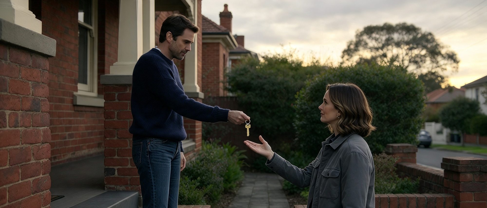 A man in a navy jumper on the front step of a red-brick house hands a single brass key to a woman in a grey jacket on the garden path below, at dusk on a quiet Australian suburban street.