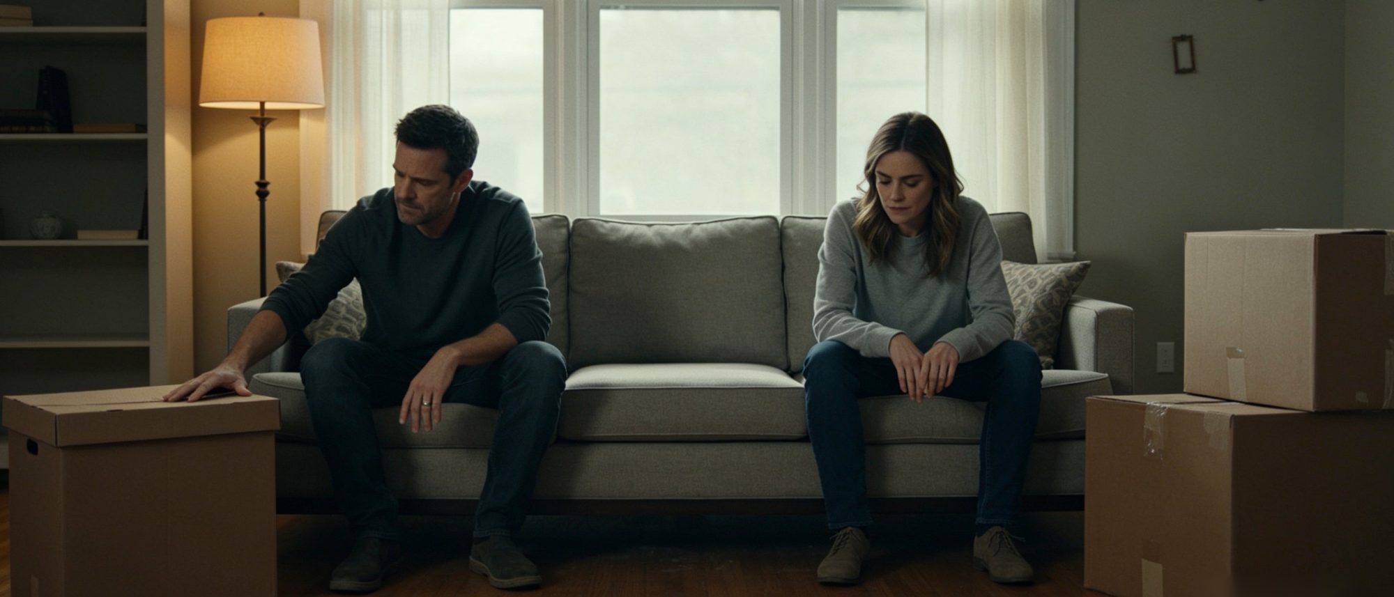 A man and a woman sit at opposite ends of a sofa with a gap between them, in a living room half packed into removal boxes.