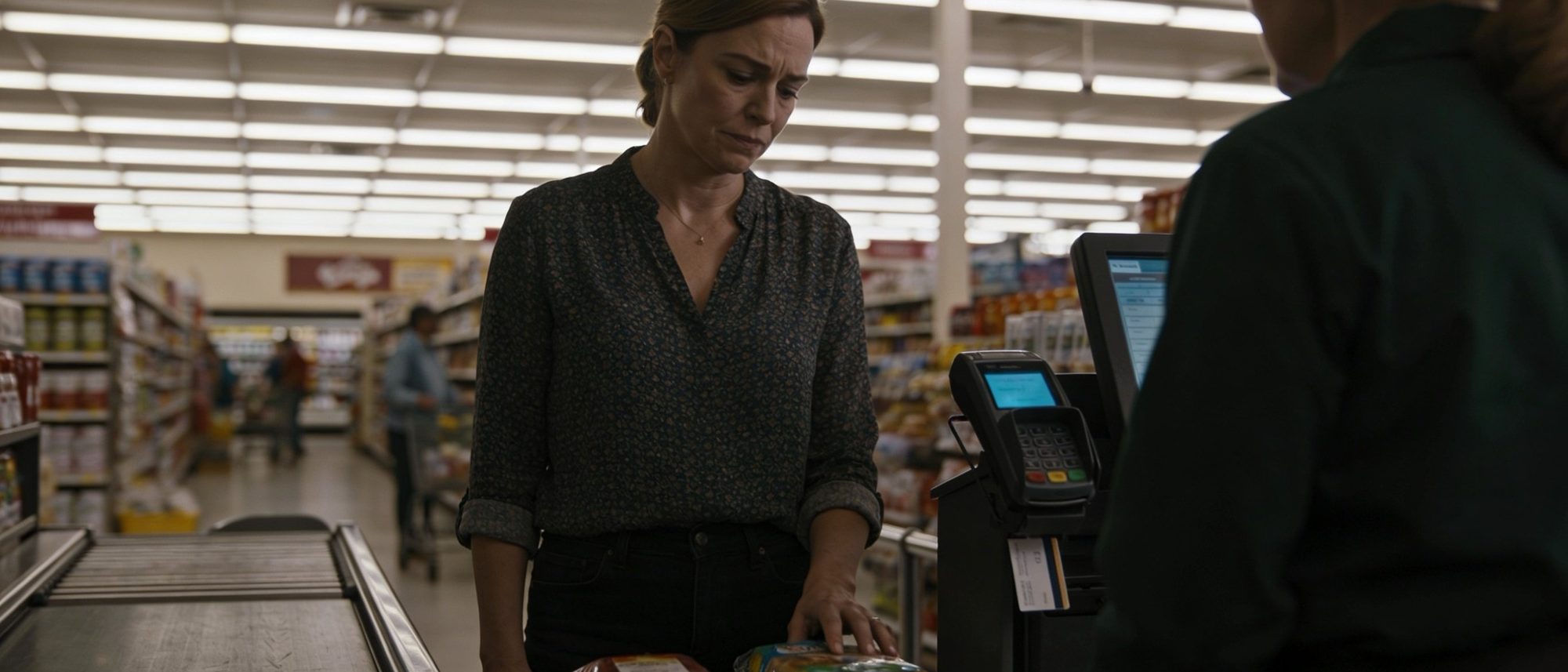 A woman stands at a supermarket checkout looking down at her groceries beside a card payment terminal.