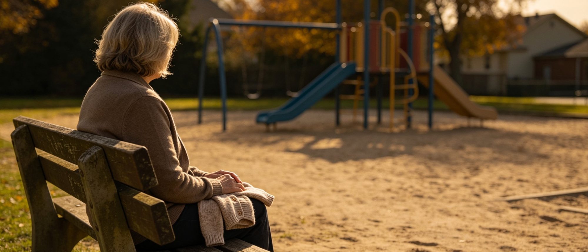 An older woman sits alone on a weathered timber park bench in soft afternoon light, a small child's knitted cardigan folded in her lap, looking away towards an empty playground in the middle distance.