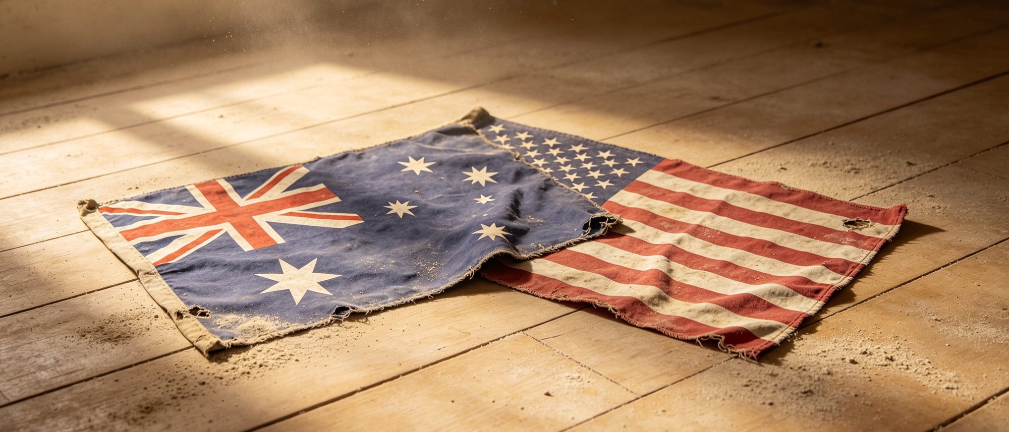 An Australian flag and an American flag, both weathered and slightly torn, lie crumpled and overlapping at one corner on an ochre dusted floor.