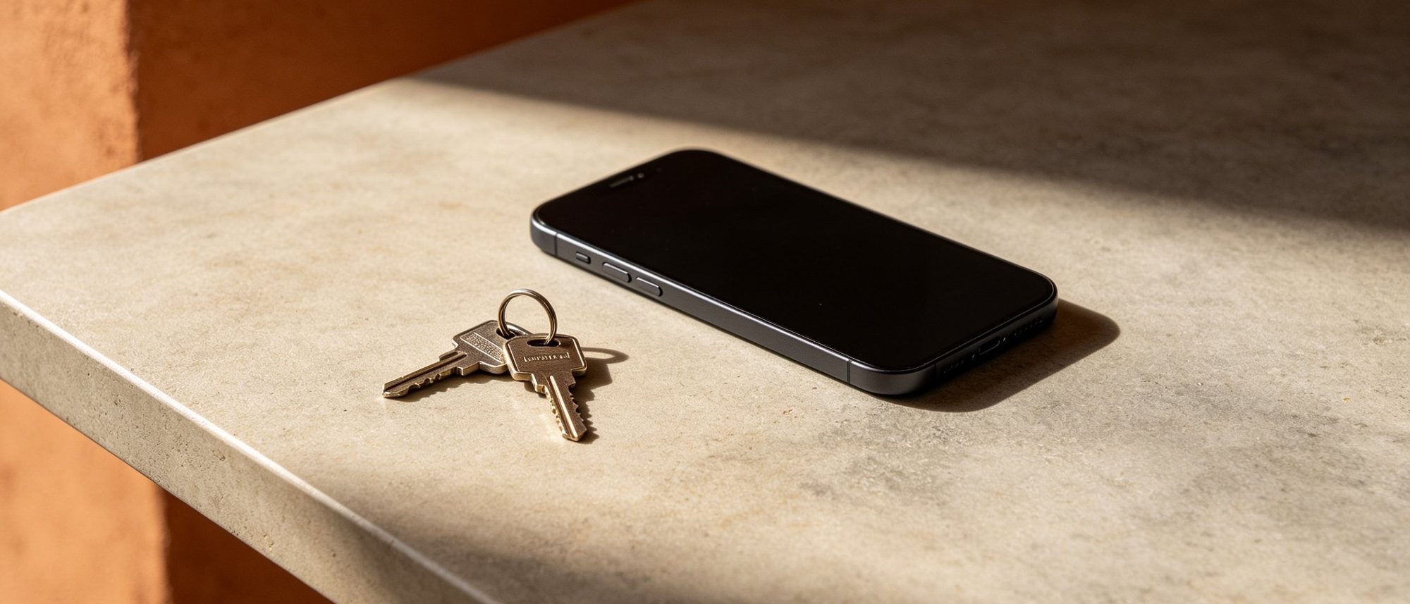 A smartphone lying face down on a pale table beside a set of house keys, in quiet, warm afternoon light.