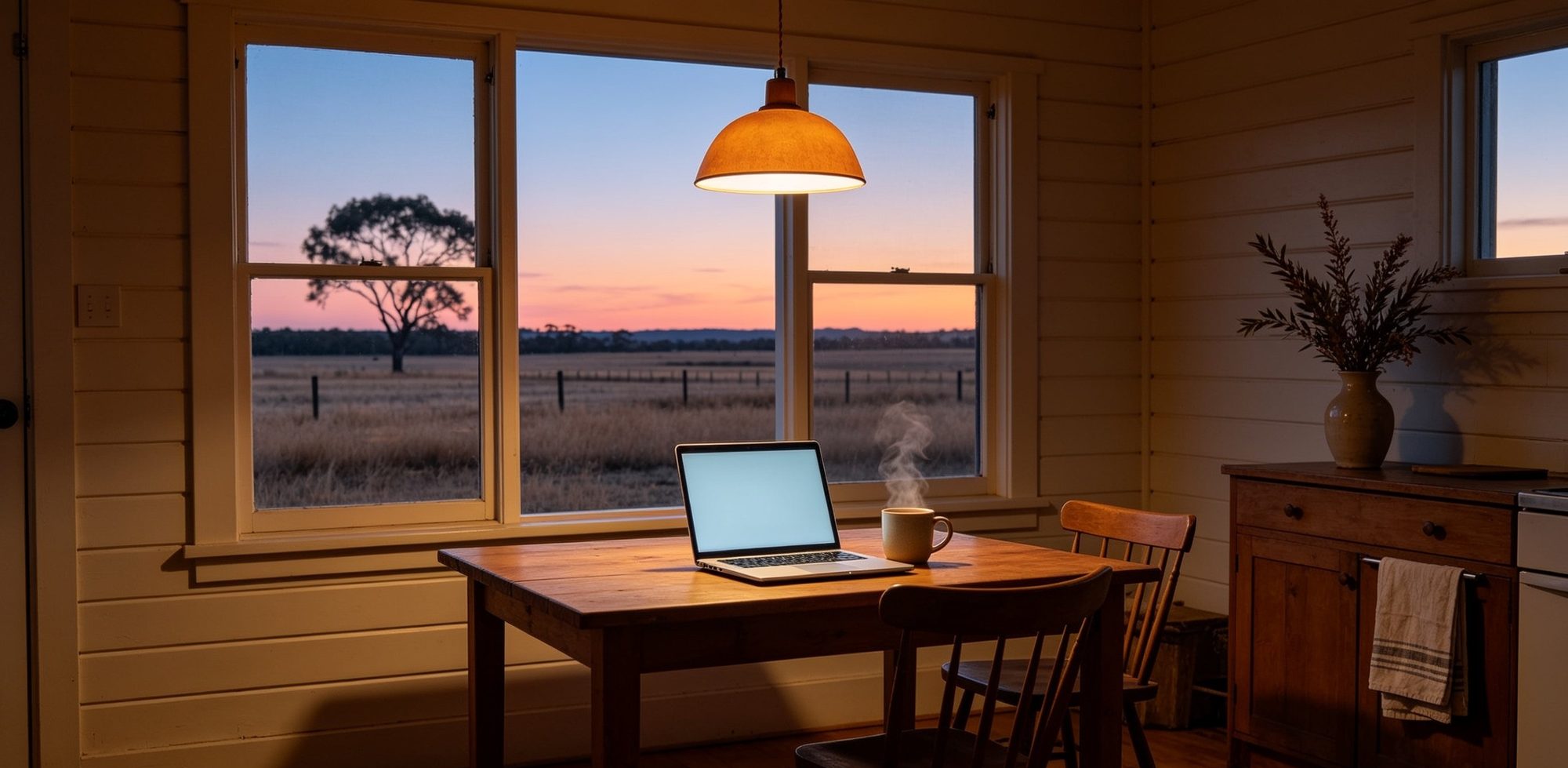 A modest, lived-in kitchen in a regional Australian weatherboard home at dusk. An open laptop and a steaming mug sit on a simple timber table, a warm pendant light overhead, the room empty of people. Through the large window behind the table, a paddock with dry grass and a lone gum tree stand against a pink-and-amber dusk sky, the visual signature of accredited online FDR reaching anywhere in the country.