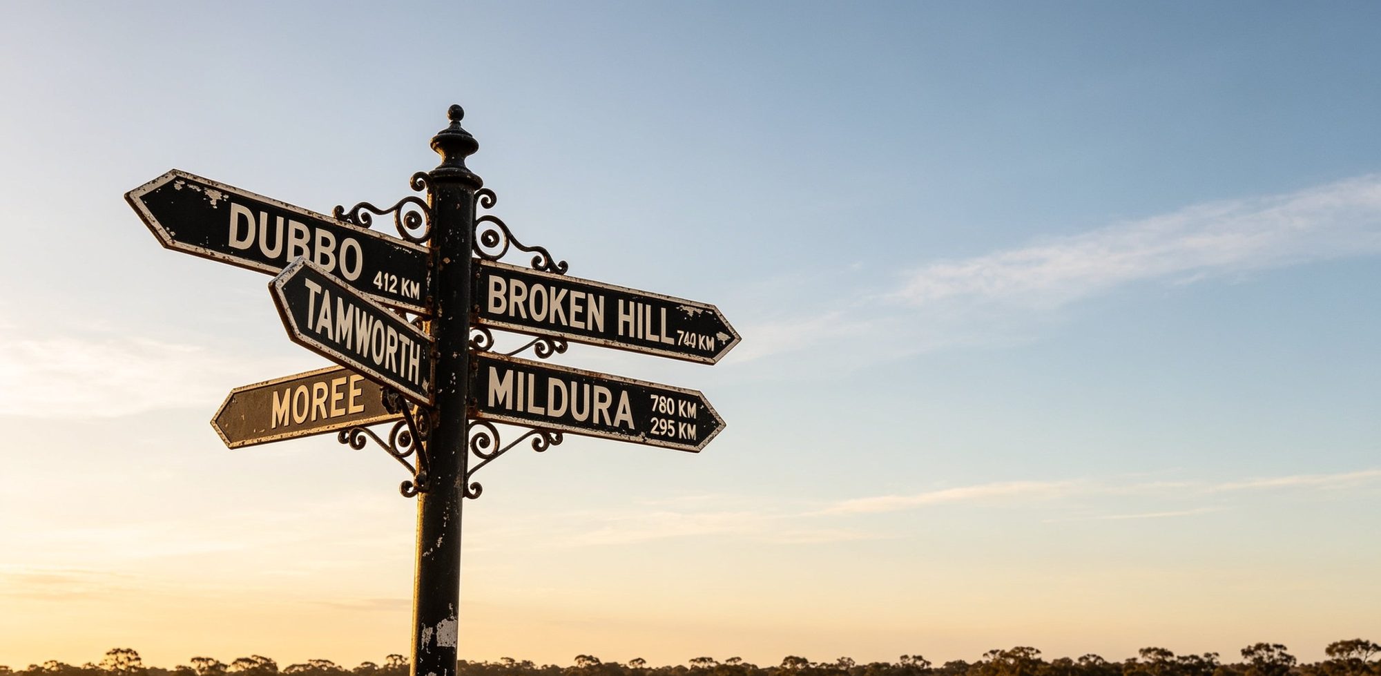 A weathered cast-iron directional signpost at a regional Australian crossroads, arms pointing to Dubbo 412 km, Broken Hill, Tamworth, Moree, and Mildura 780 km, illustrating the geographic spread of need for accessible FDR services across the country.