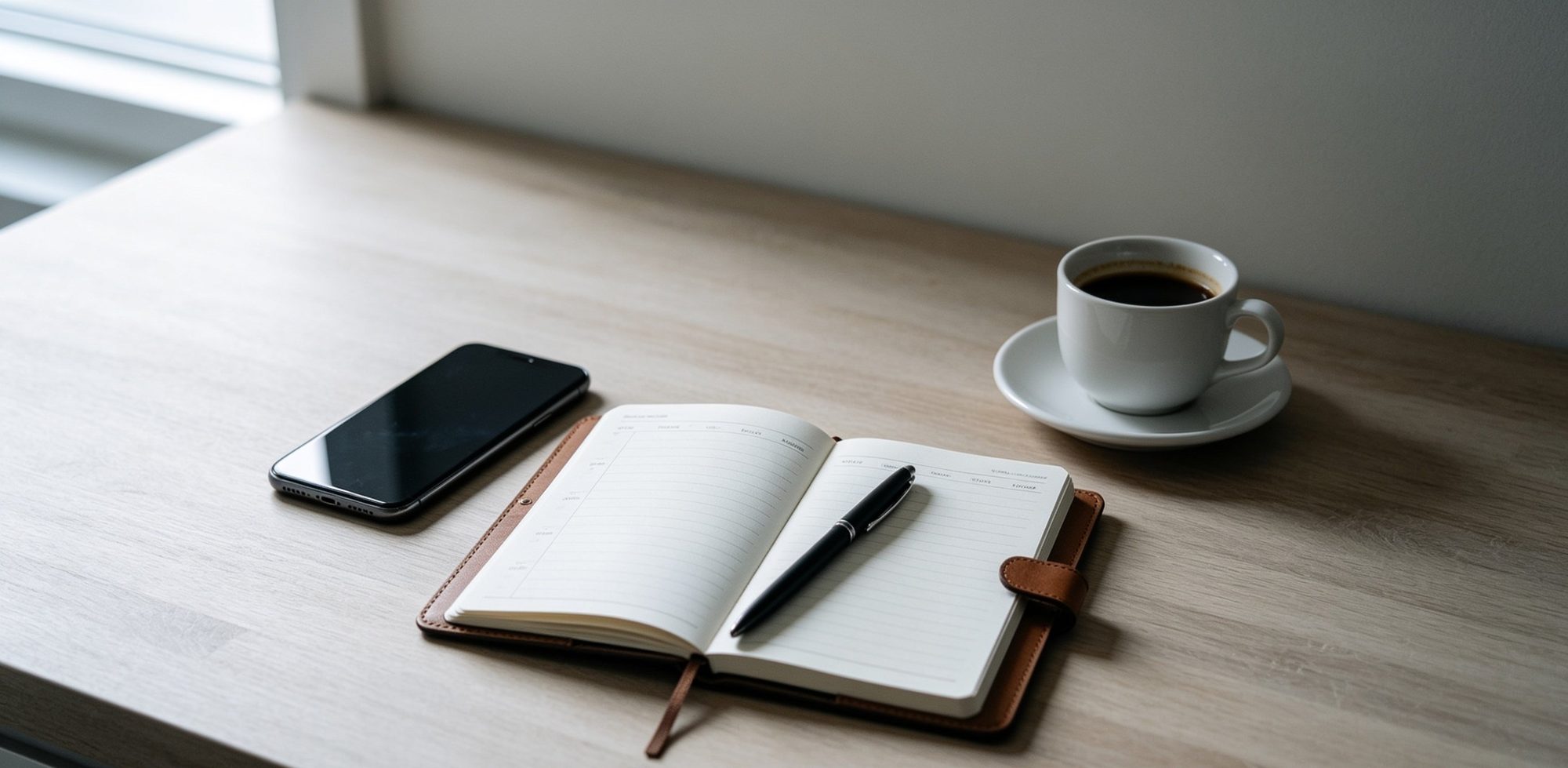 A pale oak desk in soft morning light with a smartphone, an open leather-bound diary on a clean weekly spread, a slim black pen resting across the page, and a small white ceramic cup of dark coffee. The quiet moment of taking the small decisive step of making a booking.