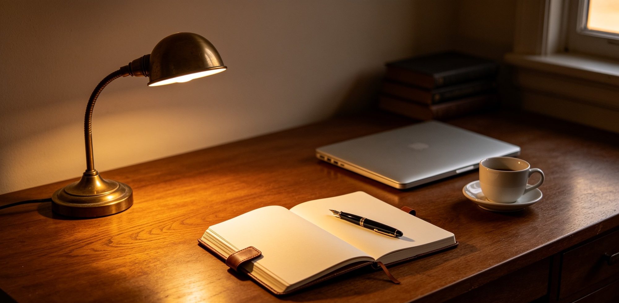 A wooden writing desk in soft warm light, with a brass desk lamp illuminating an open leather-bound notebook and a fountain pen resting across blank pages, a closed silver laptop and a white ceramic coffee cup to one side. The quiet act of working through questions.