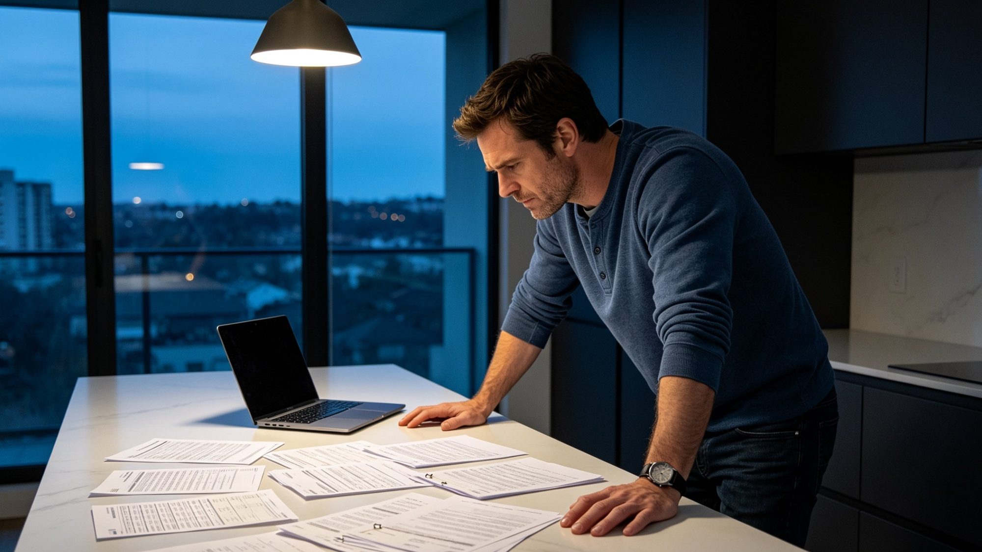 A man standing at the kitchen island in his modern apartment at dusk, leaning forward on both hands over a spread of twenty or thirty financial documents and an open laptop, working out where to start.