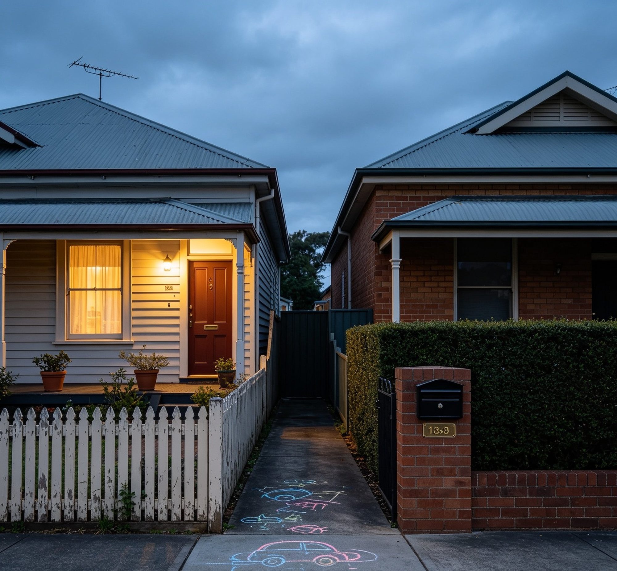 Two neighbouring Australian weatherboard and brick homes at dusk, separated by a narrow shared path with children's chalk drawings on the concrete, suggesting two households now sharing the care of children.