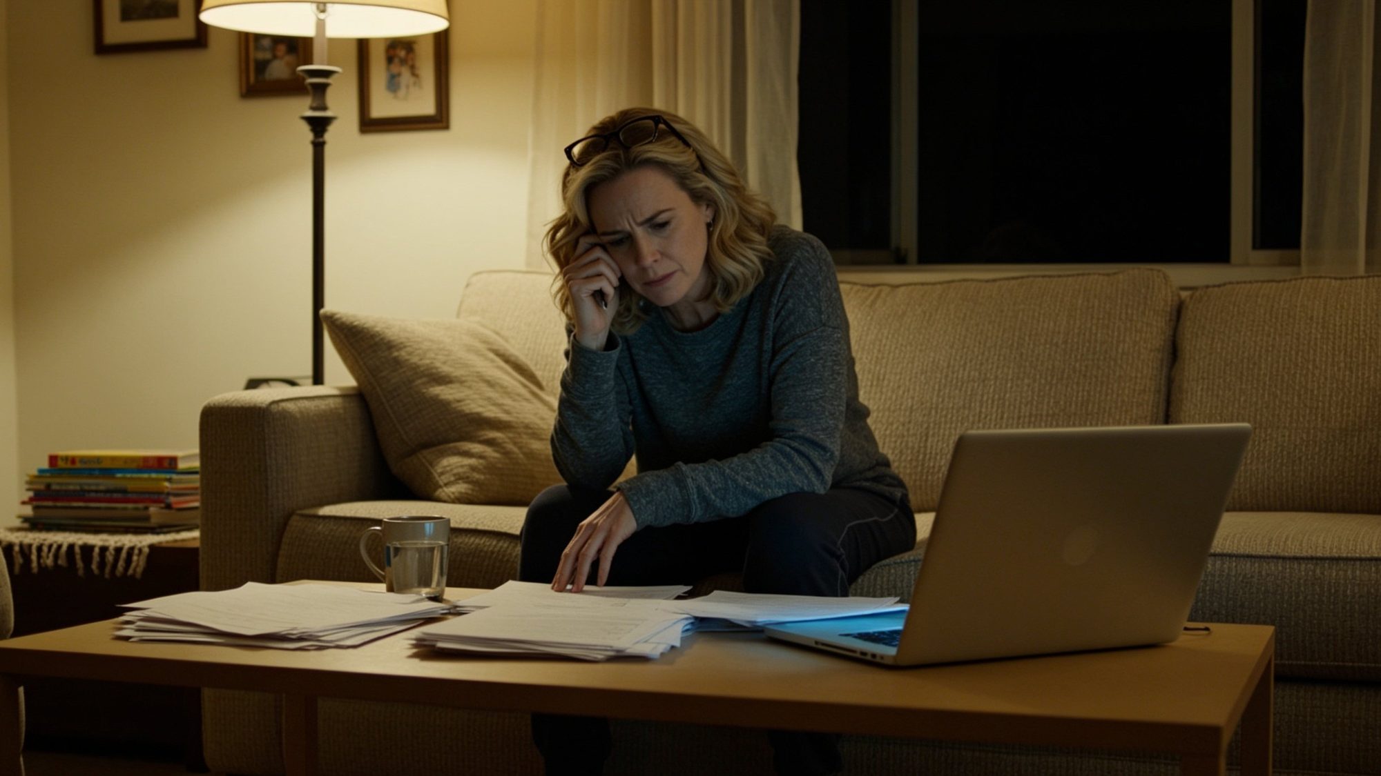 A woman working on her financial paperwork late at night, seated on a borrowed sofa in her new home. A laptop, a spread of documents, and a mug on the coffee table in front of her. Children's books at the side of the sofa.