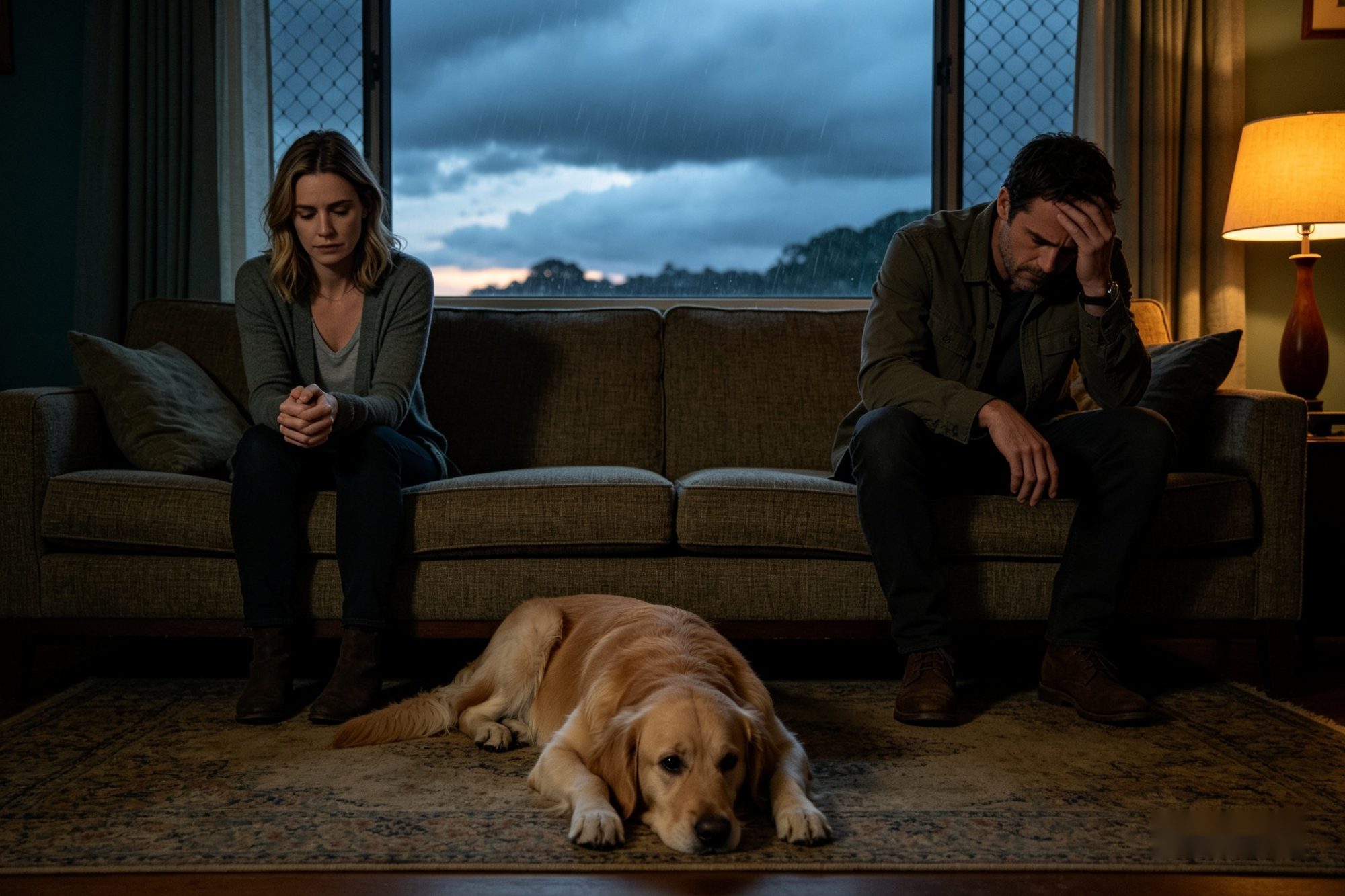 A couple at opposite ends of a lounge at dusk, their dog at rest on the rug between them.