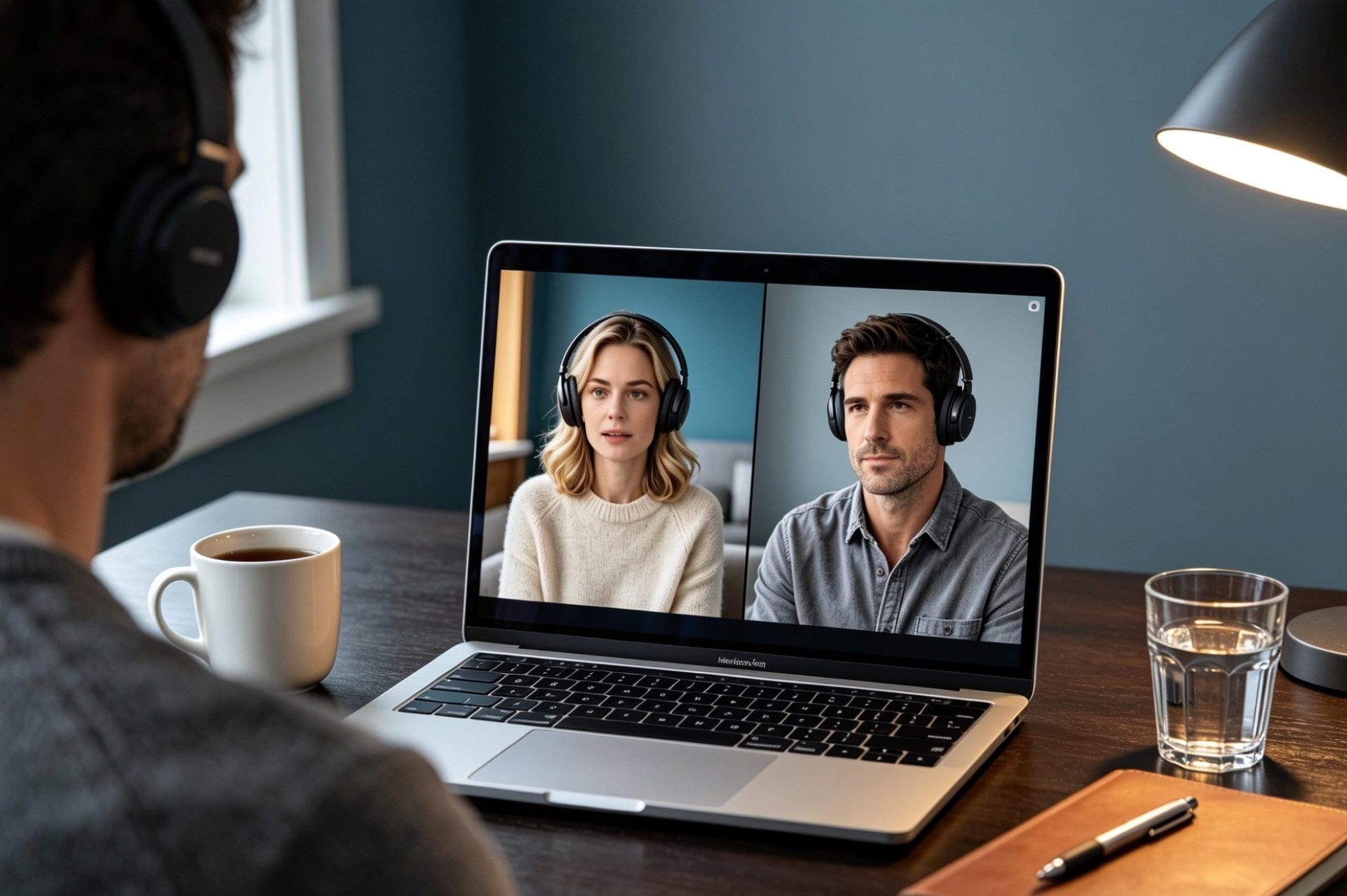 A practitioner's view over their shoulder of a laptop on a home-office desk, with both parties visible side by side on a video call, each wearing noise-cancelling headphones.