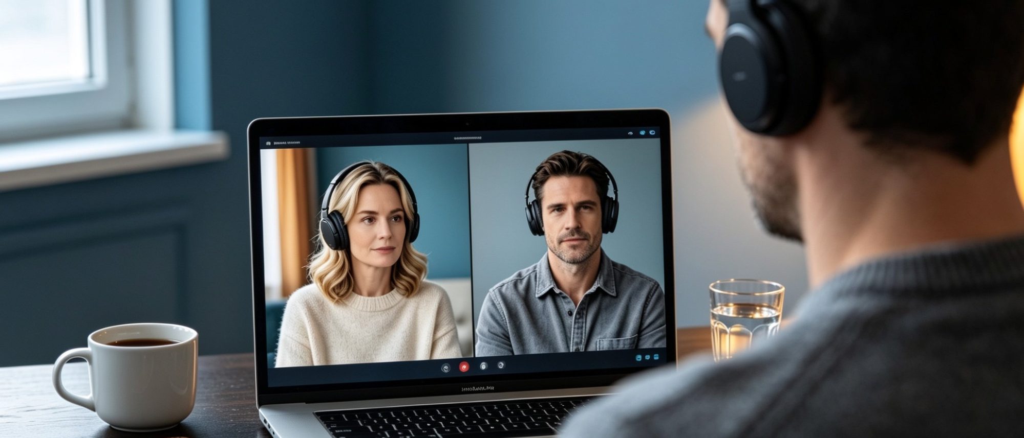 A practitioner's view over their shoulder of a laptop on a home-office desk, with both parties visible side by side on a video call, each wearing noise-cancelling headphones.