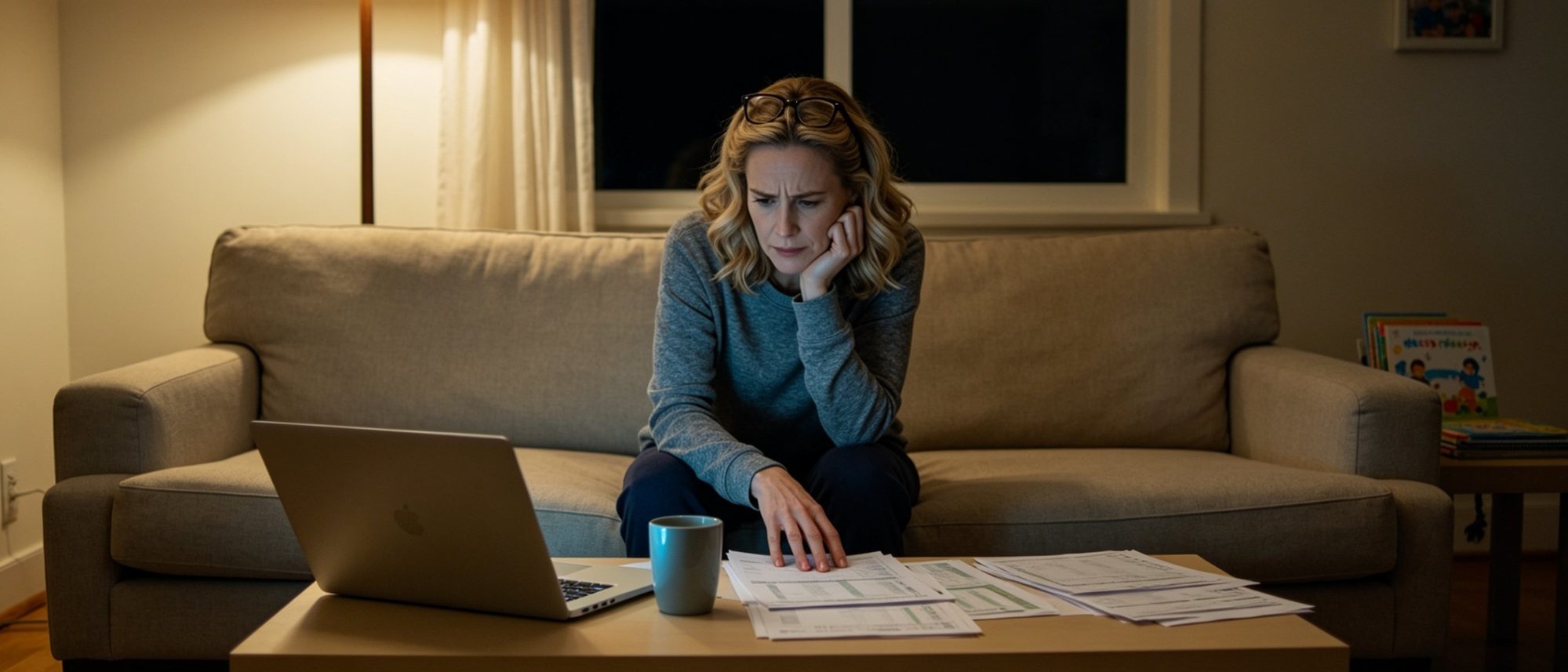 A woman in her mid-30s sitting on the sofa late in the evening, working through a spread of financial paperwork laid across the coffee table in front of her, her laptop open beside the documents. A pile of children's books on the side table.
