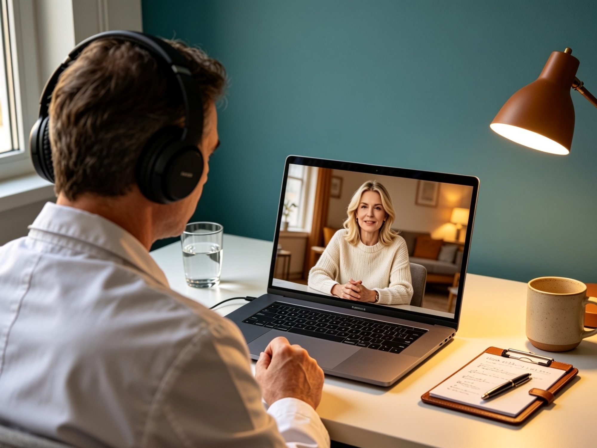 A practitioner at his home-office desk wearing noise-cancelling headphones, mid-conversation with one party visible on the laptop screen. A clipboard with handwritten notes and a warm desk lamp sit on the desk beside the laptop.