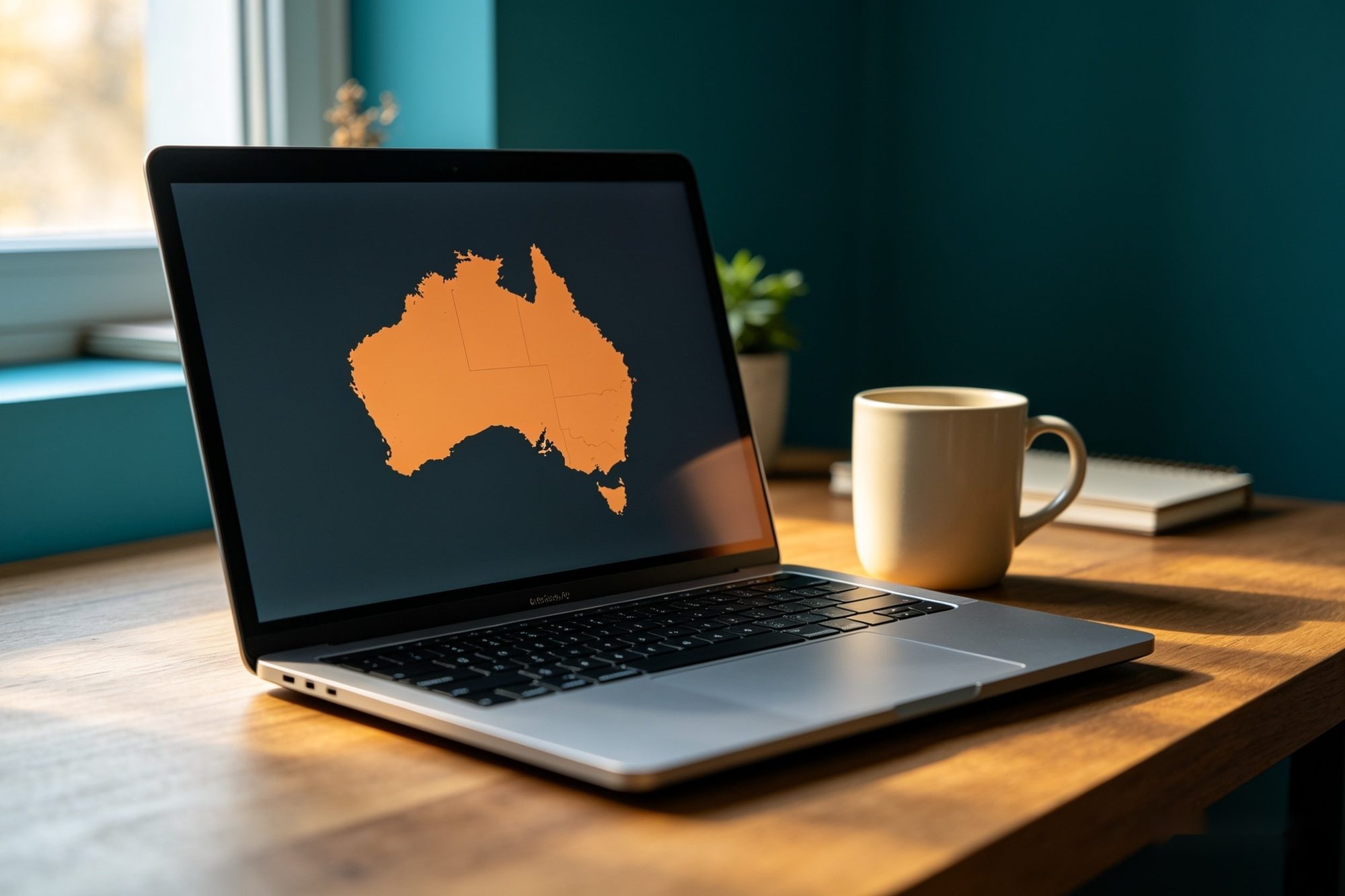 An open laptop on a warm timber desk beside a window with cool teal light, the screen displaying a simple ochre outline map of Australia on a dark charcoal background. A cream ceramic mug and a small plant sit alongside, suggesting calm online work from anywhere.