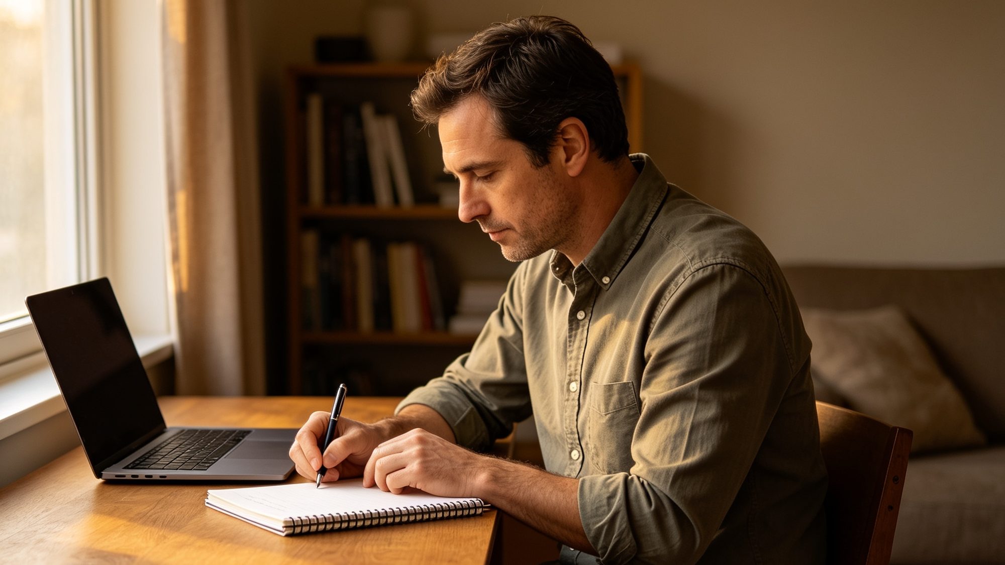 A man in his late thirties at a home desk, an open notepad in front of him and a laptop turned away, making notes as he prepares for an upcoming mediation.