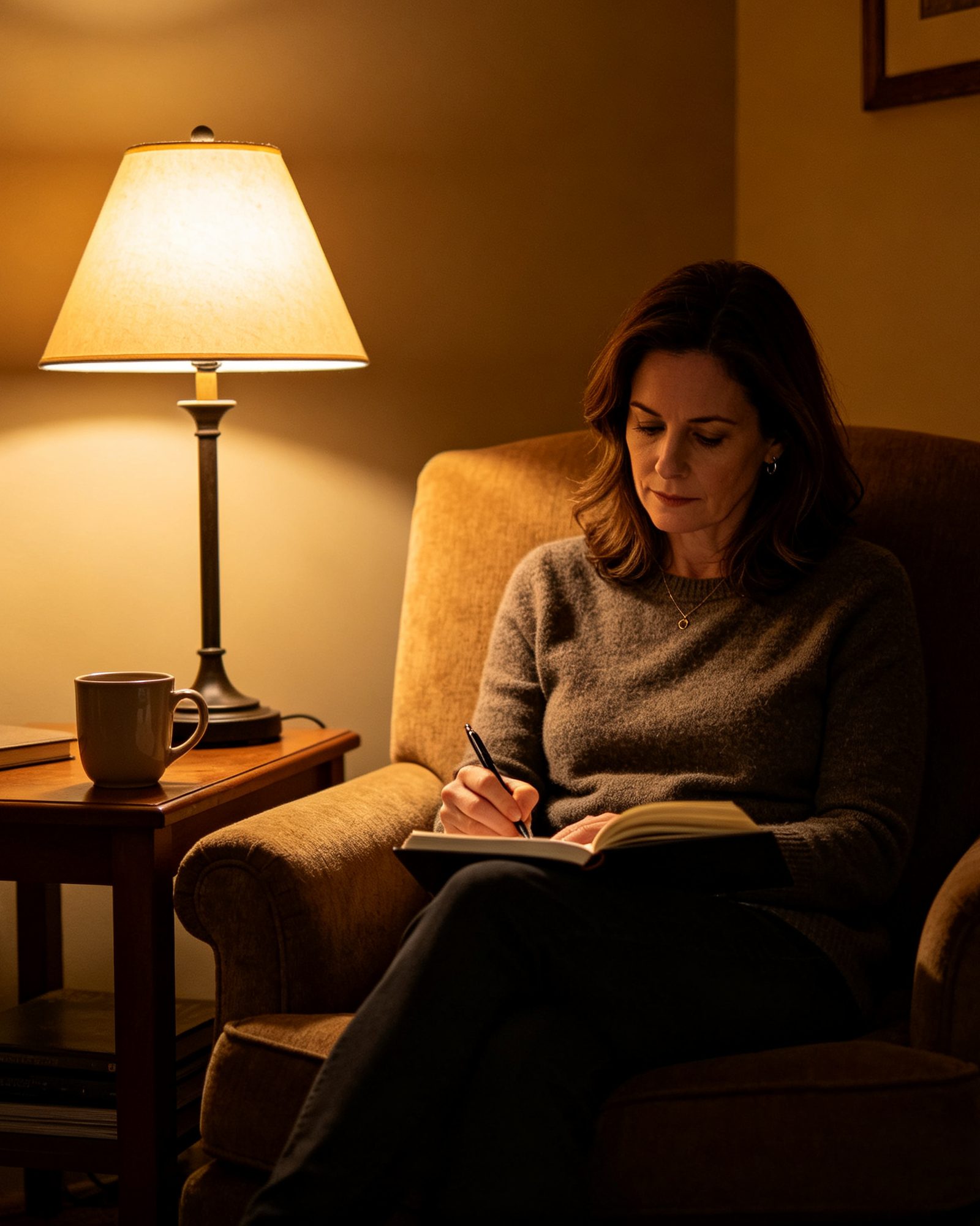 A woman in her thirties sitting in a lamp-lit living room in the evening, writing in a notebook as she gathers her thoughts before her mediation.