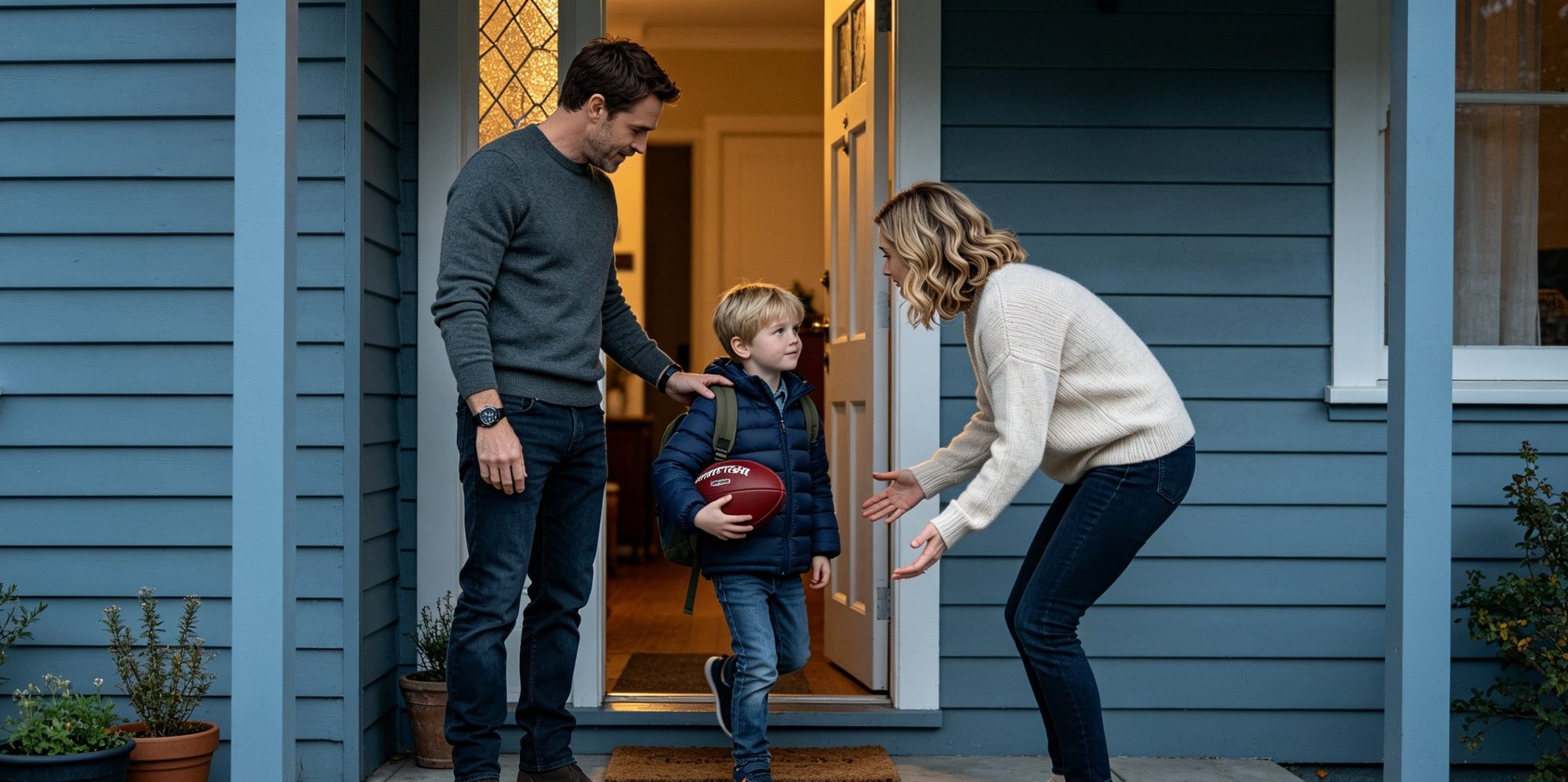 A mother and father at the front door of a weatherboard home, handing off their young son for the changeover. The boy is wearing a backpack and holding a football, mid-step between his parents.