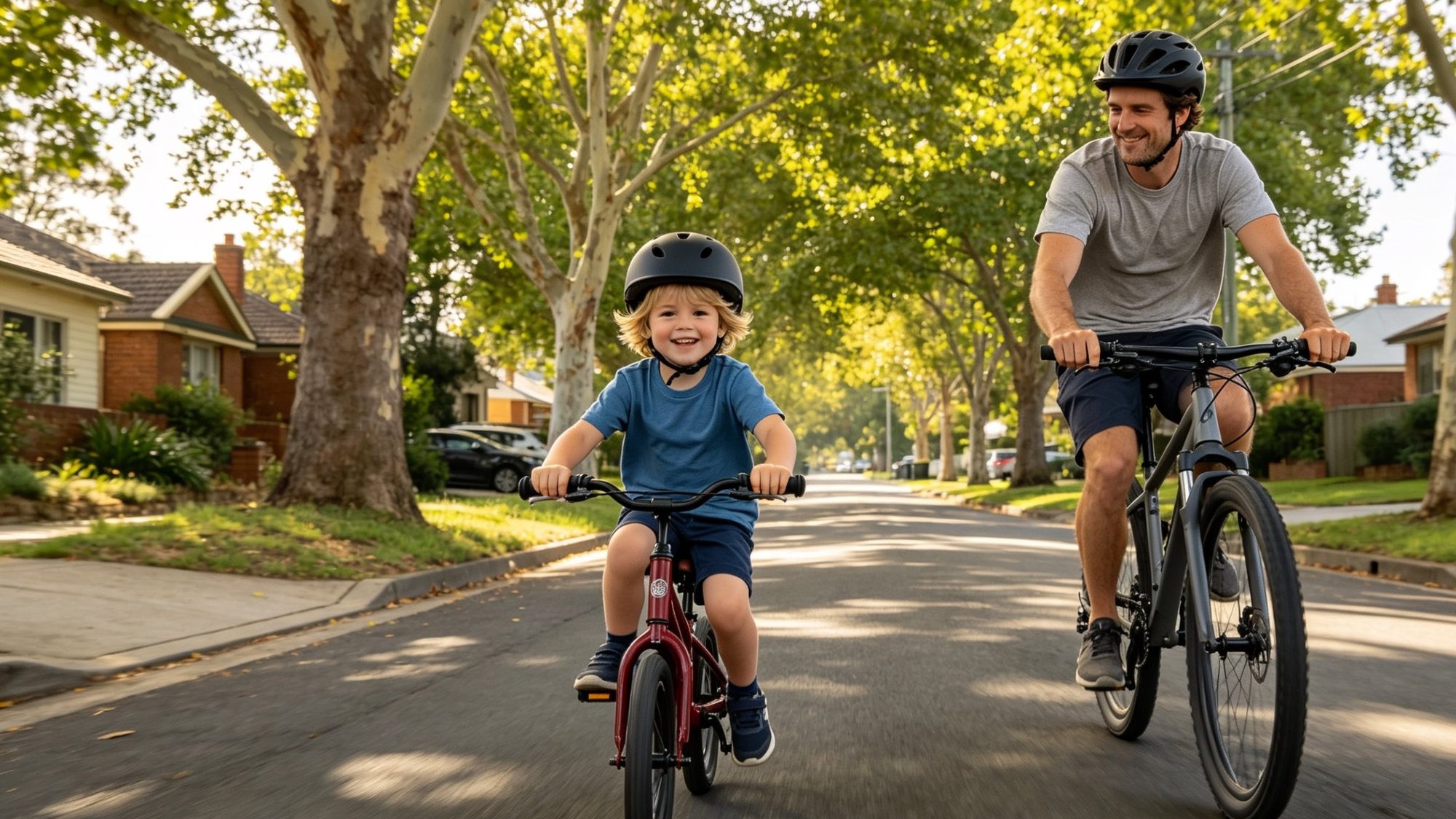 A father and his young son riding bicycles together along a leafy suburban Melbourne street on a bright spring morning, both wearing helmets, both smiling. The boy rides a small red kids' bike, the father rides a charcoal mountain bike.