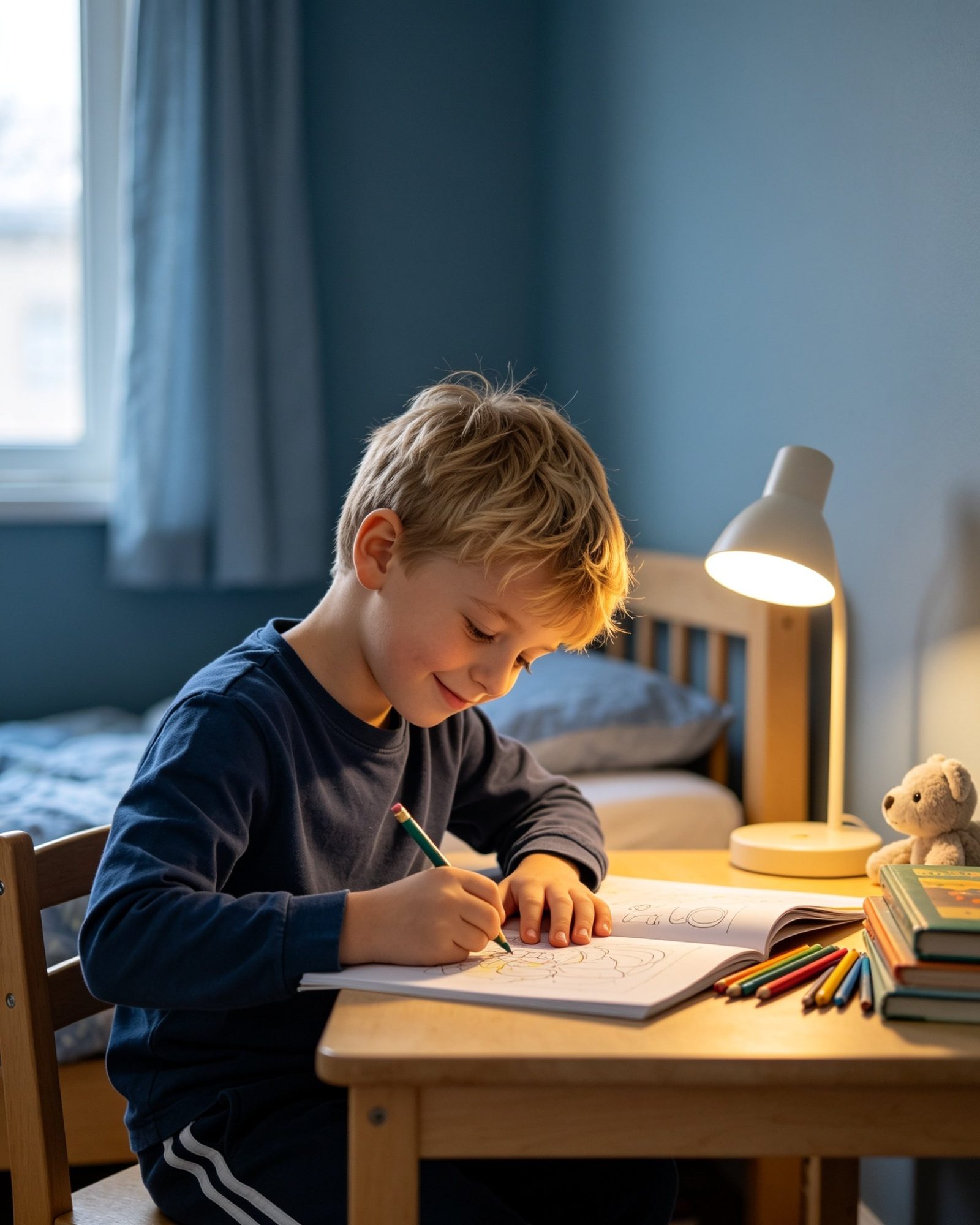 A five-year-old boy sitting at a small wooden desk in his bedroom, quietly absorbed in colouring a picture book. Soft afternoon light, a warm desk lamp, a teddy and books beside him.