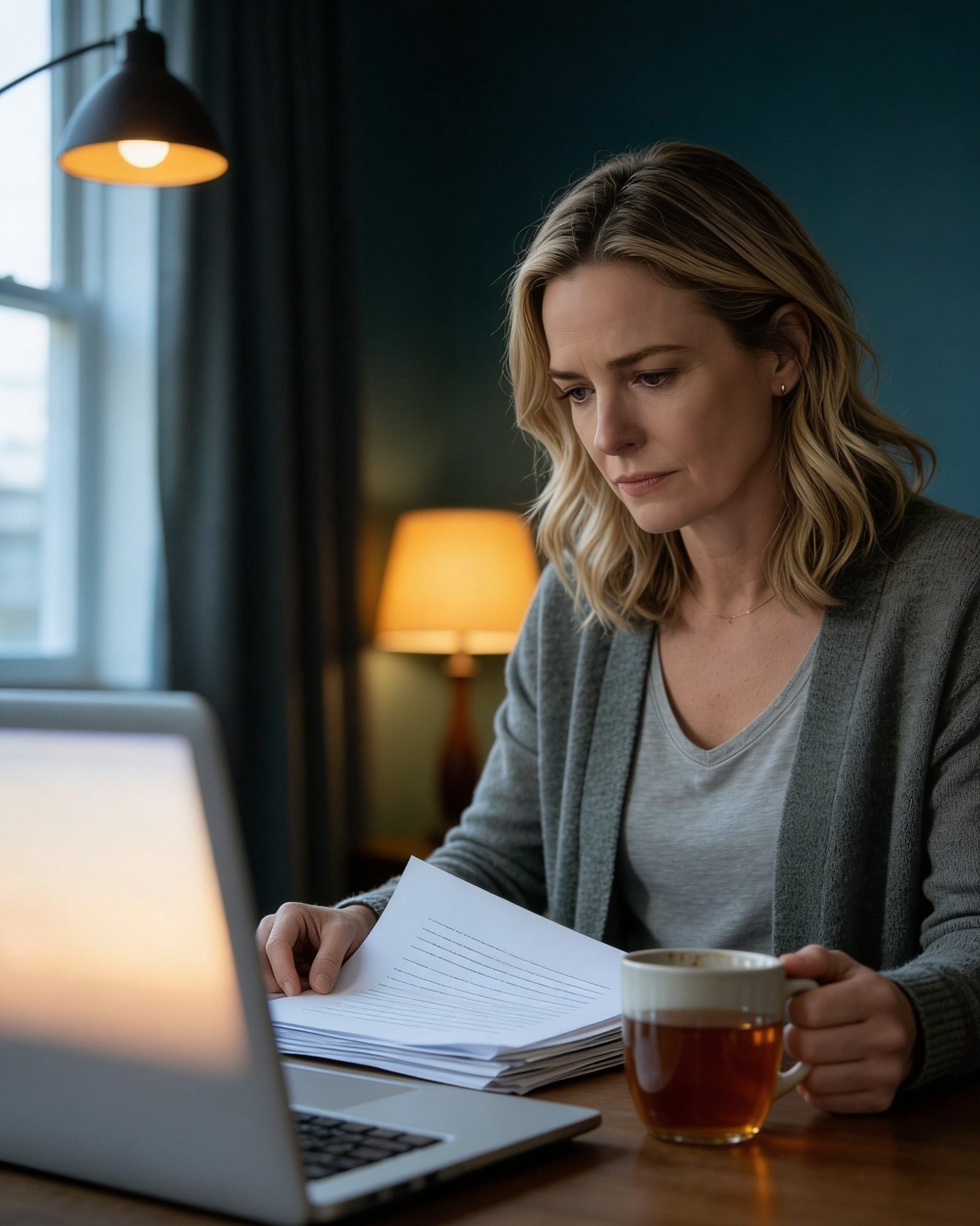 A woman at a kitchen table in warm morning light, a laptop open beside a notepad and a cup of tea, working calmly through her options after separation.