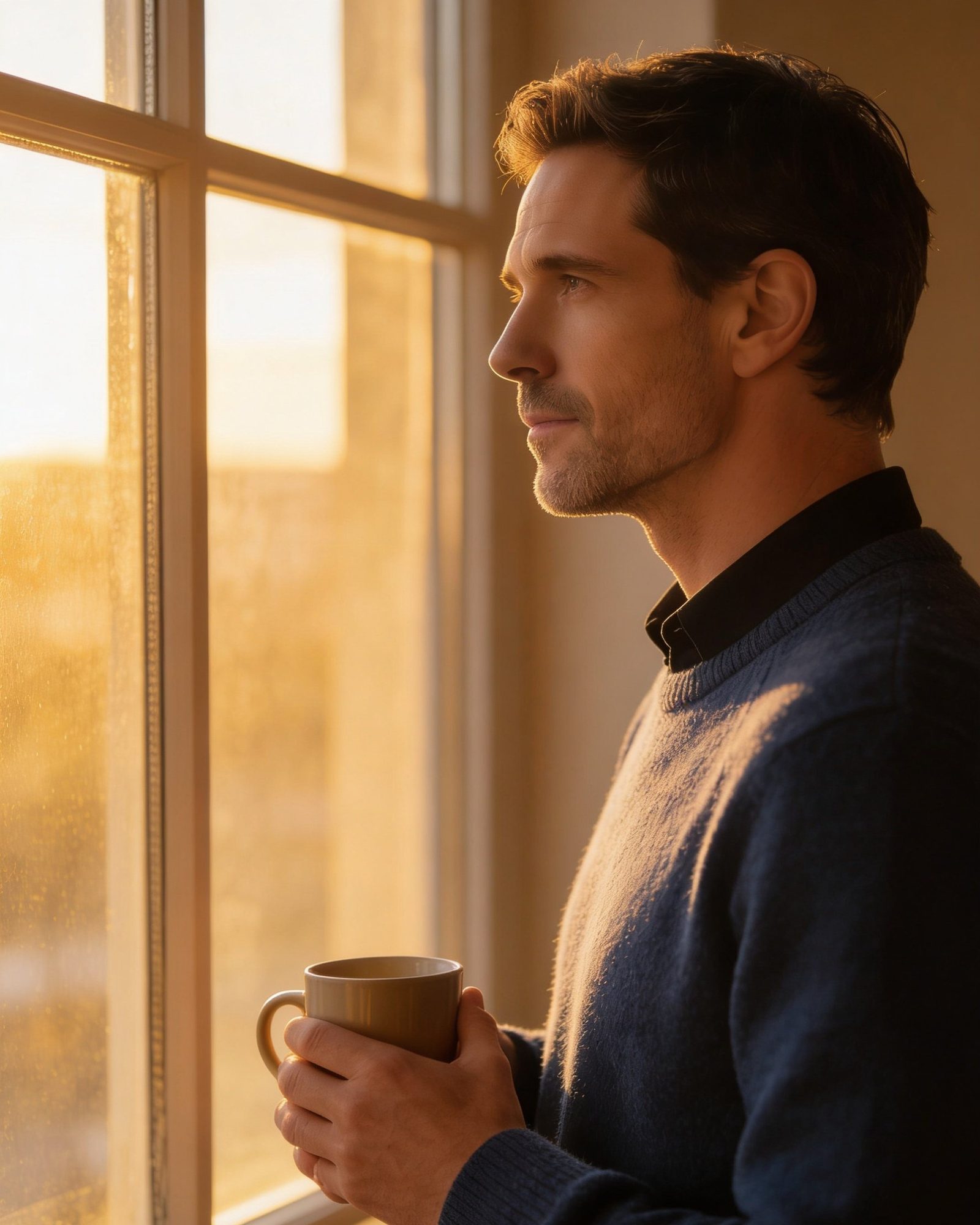 A man at a desk by a window in afternoon light, reading through a single page of notes, a phone and a cup of coffee beside him, looking settled.