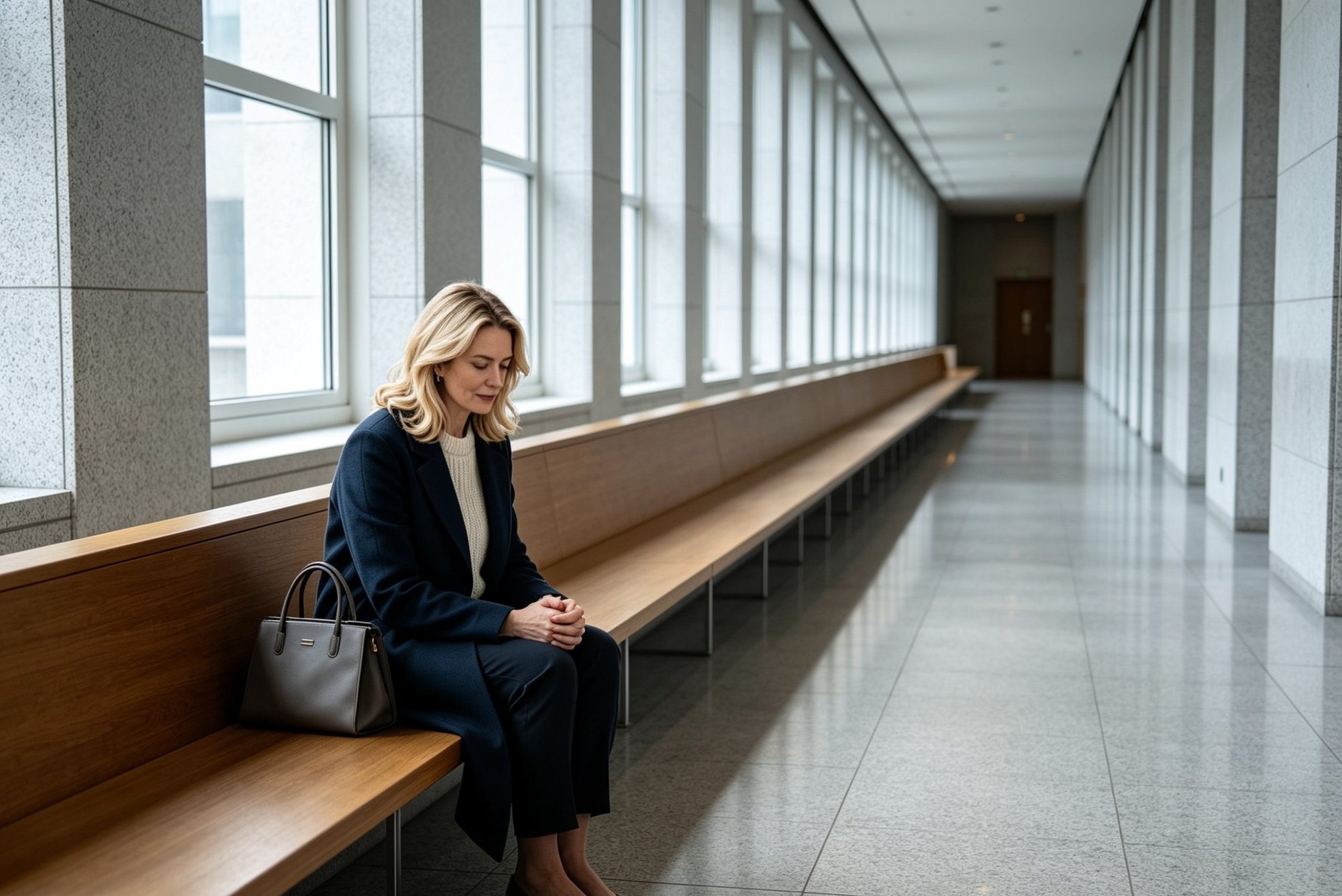 A woman seated alone on a long timber bench in a quiet courthouse foyer, hands clasped in her lap, looking down. Tall windows line the wall behind her and a polished stone corridor recedes into the distance, suggesting the apprehension of waiting for a court matter.