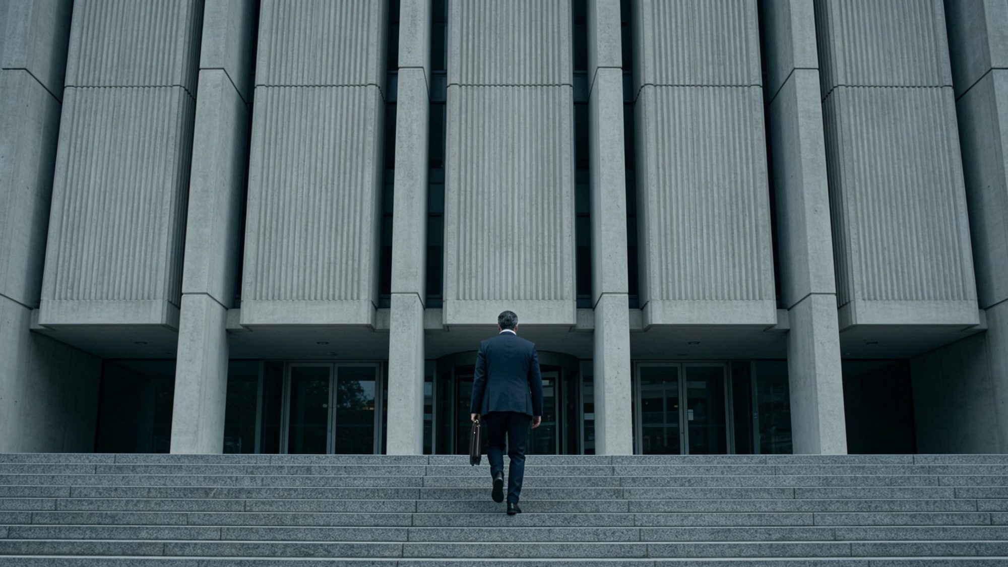 A lone figure in a dark suit, briefcase in hand, climbing the wide granite steps toward the entrance of an imposing modernist family court building under cold overcast light.
