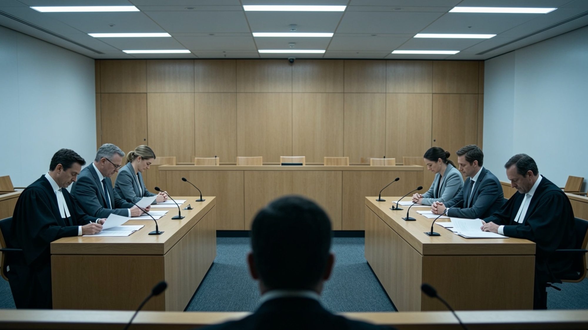 Wide view of an Australian family courtroom from the judge's bench. Two bar tables face each other across an empty floor, three figures at each table, all with heads bowed. Cold fluorescent overhead light, pale timber panelling, charcoal carpet.