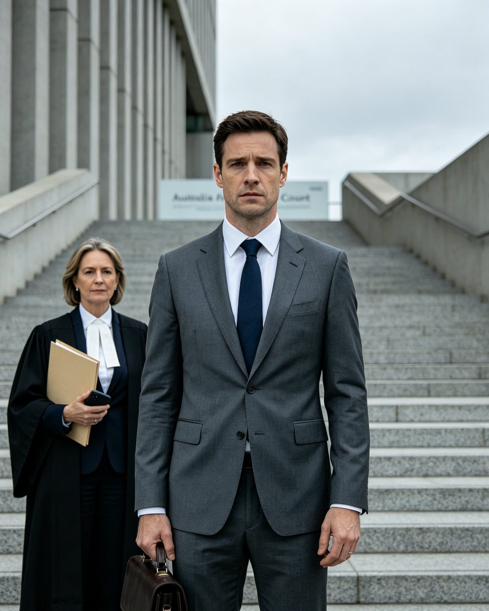 A man in a suit standing composed on the steps of the Federal Court of Australia, briefcase in hand, his solicitor in robes a few steps behind.