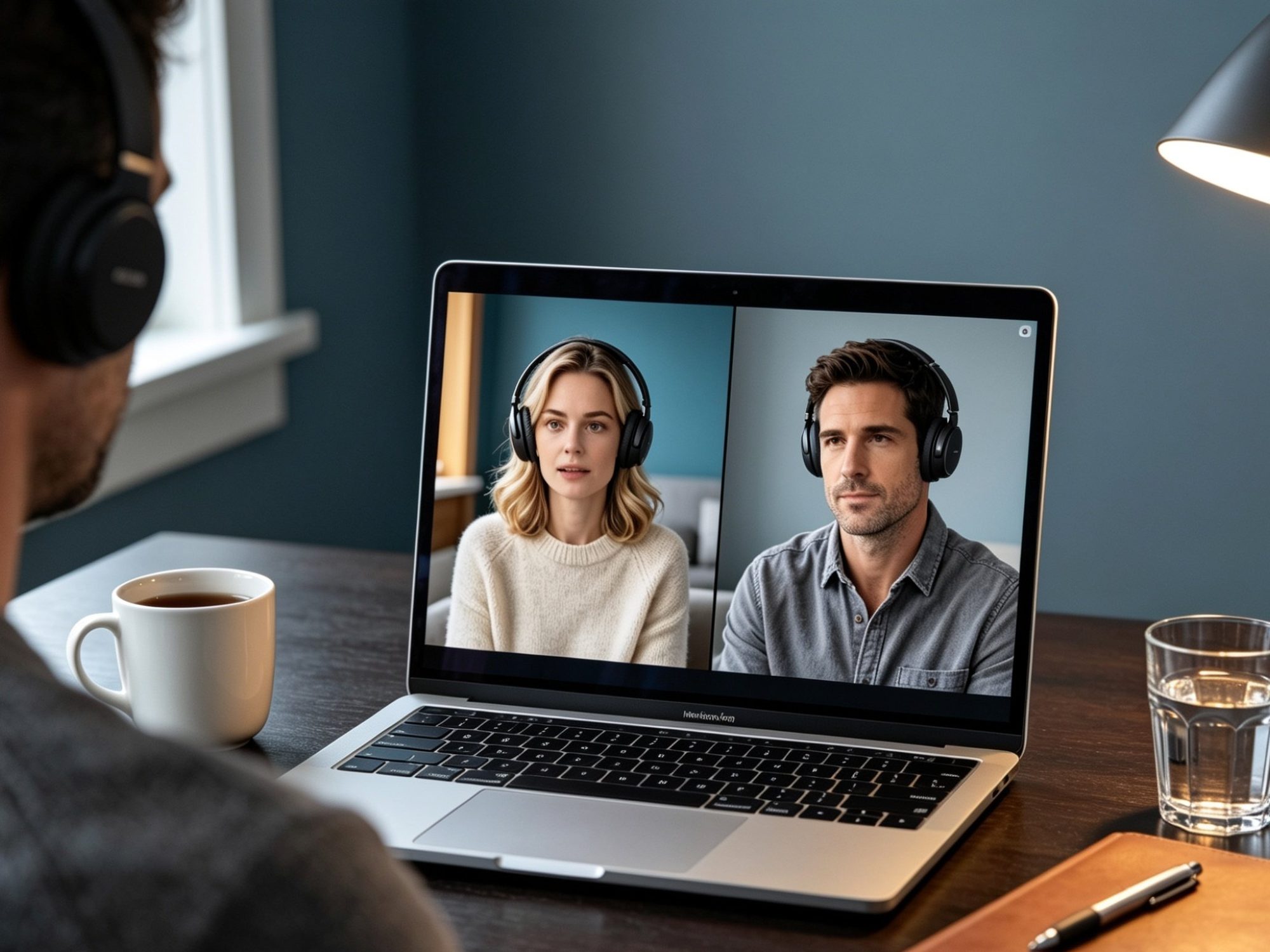 Over-the-shoulder view from the practitioner's desk: a laptop screen showing the two parties joined to a video session from separate locations, both wearing headphones.