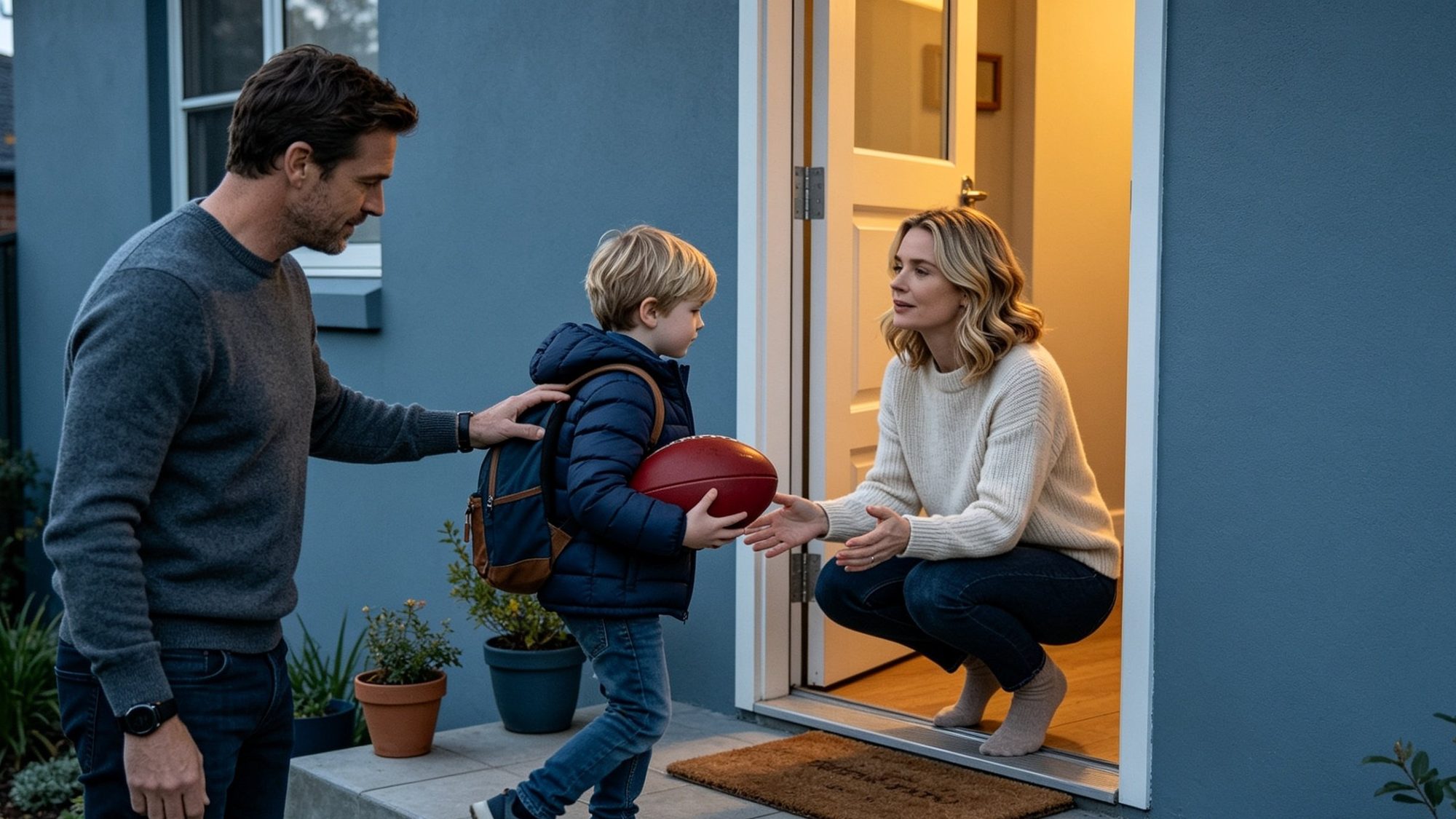 A father at the front door of a suburban home, releasing his young son to the boy's mother who kneels in the doorway to welcome him in. The boy carries a football and a small backpack.